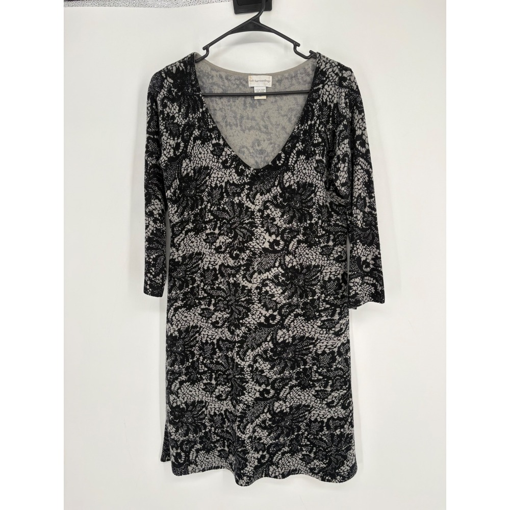 Soft Surroundings Sweater Dress Womens M Black Grey Floral Lace Knit V-Neck Goth